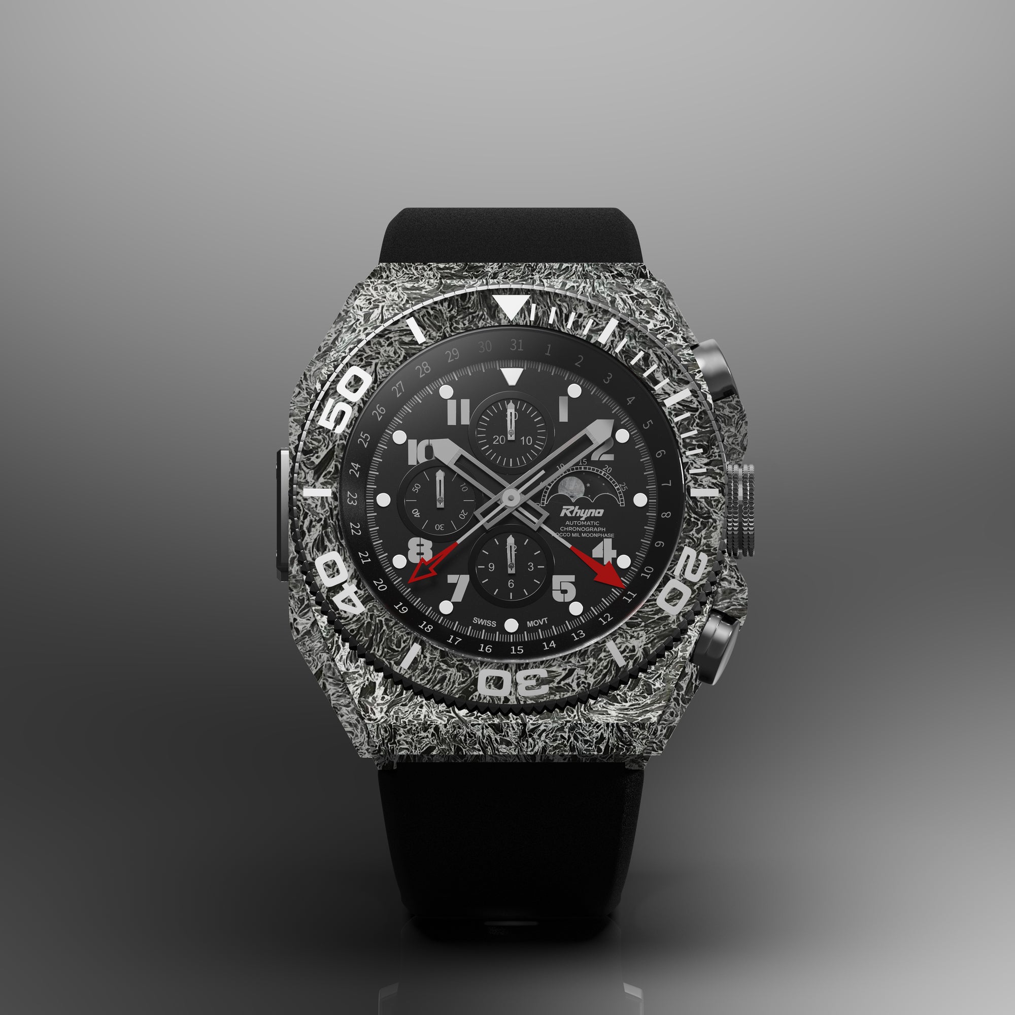 Rhyno Rocco Mil Diver Chronograph Moonphase Dark matter white Forged Carbon